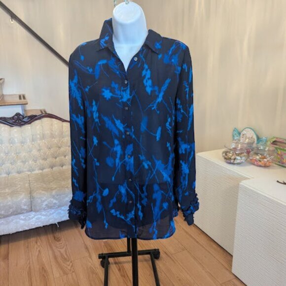 BANANA REPUBLIC Blue and Black Long Sleeve Printed Blouse Size Small - Picture 1 of 9